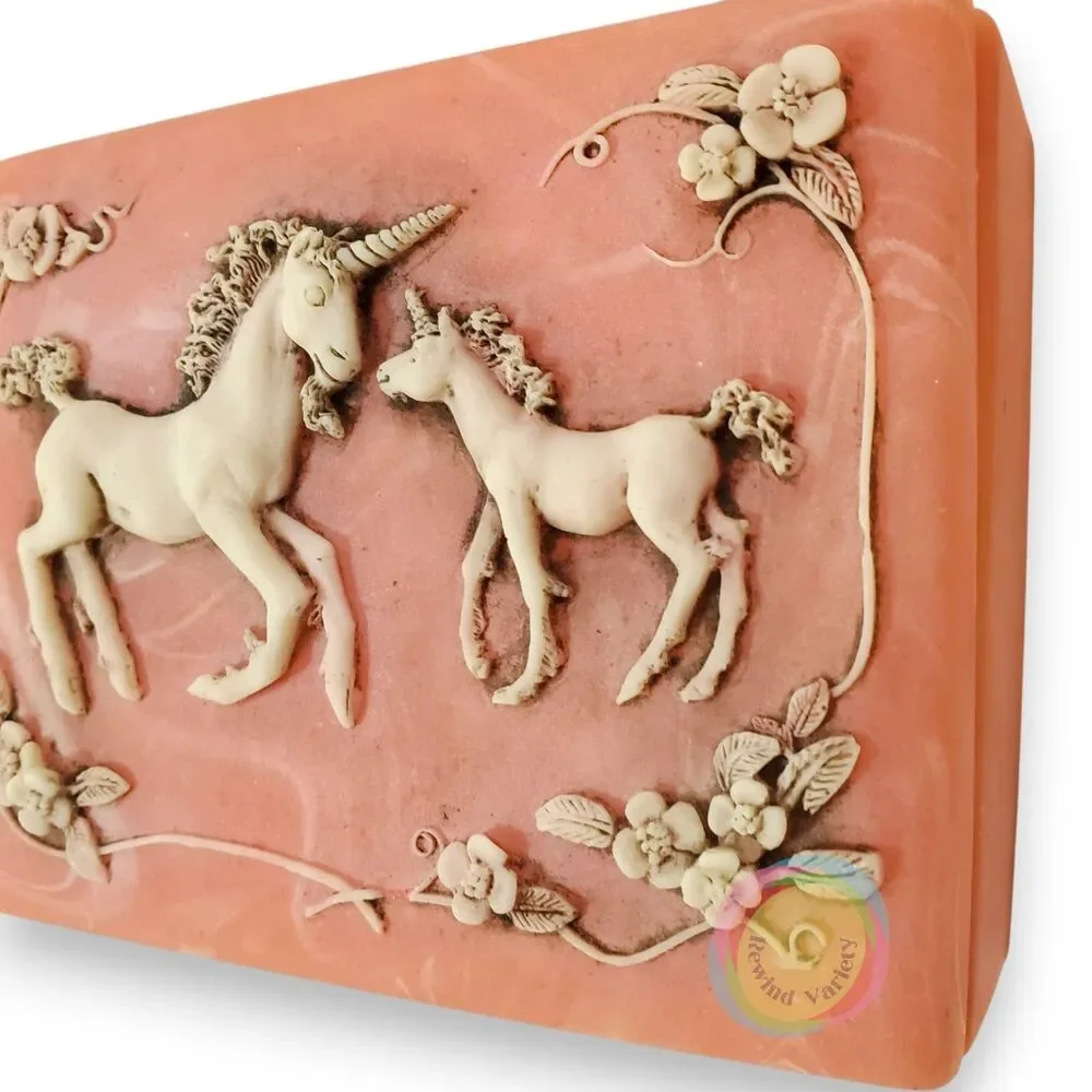 Vintage 1984 Unicorn Pink Marbled Trinket Box